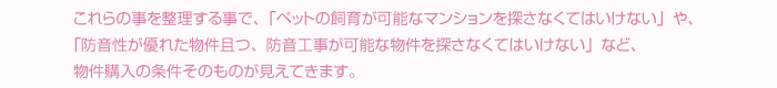 これらの事を整理する事で、「ペットの飼育が可能なマンションを探さなくてはいけない」や、「防音性が優れた物件且つ、防音工事が可能な物件を探さなくてはいけない」など、物件購入の条件そのものが見えてきます。